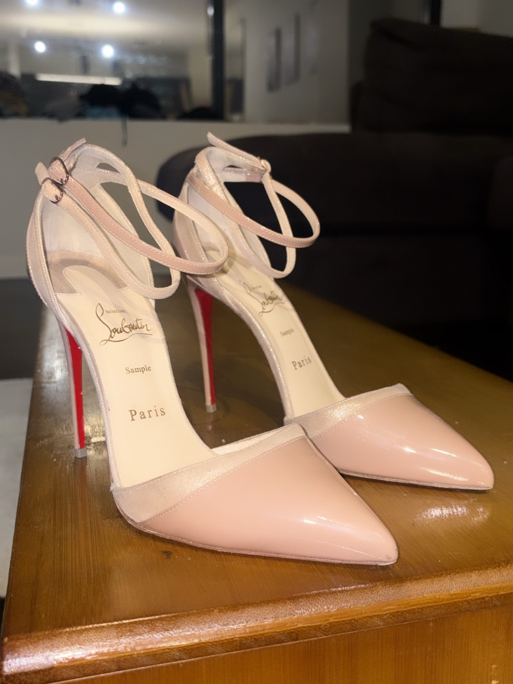 Authentic Christian Louboutin Blush Patent Pointed-Toe Ankle-Strap Pumps